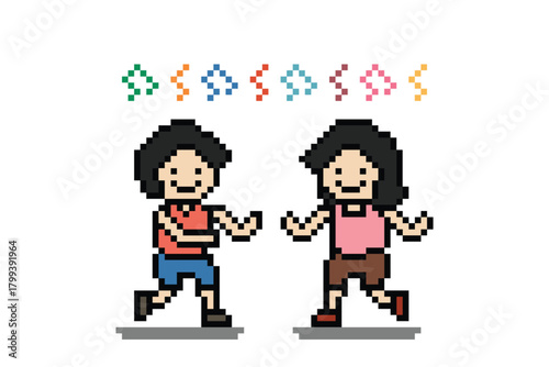 Cartoon cute dancing friends multiracial or children party with music singing or exercise school cartoon pixel art 8 bit.