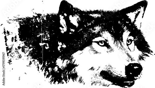 Wolf head vector illustration with detailed black and white design. This artwork showcases a realistic portrait style with contrasting textures.