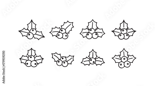 Collection of hand drawn holly berry sprigs in a simple silhouette style