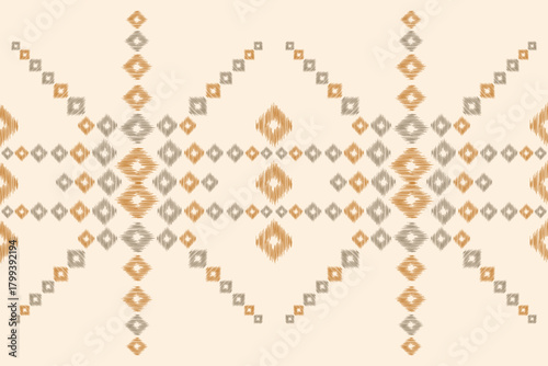 Traditional ethnic ikat motif fabric tribal pattern geometric colorful embroidery oriental cream brown background wallpaper.