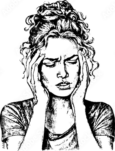 Woman experiencing pain and stress. Vintage line illustration in black and white, showcasing a distressed facial expression. This vector illustration conveys visual substance.