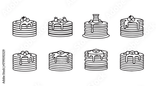 Collection of delicious stacked pancakes with syrup and toppings silhouette