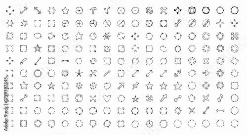 Collection of hand drawn style arrows stars and shapes in a grid arrangement on a white background