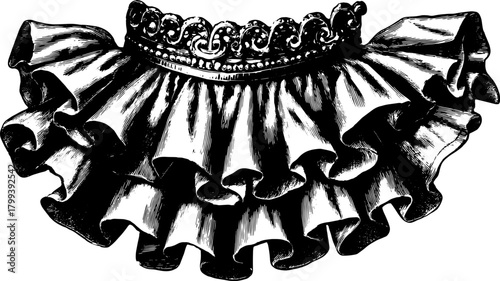Vintage ruffled skirt in a detailed engraving style. This hand-drawn illustration features a classic black outline vector design.