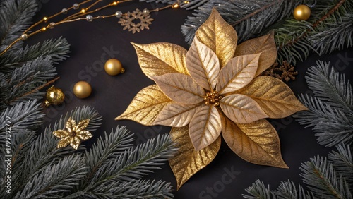 Golden poinsettia flower with christmas ornaments and fir branches on a dark background