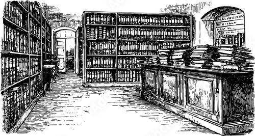Library interior with bookshelves filled with books. Vintage vector illustration showcasing a classic workspace set in a detailed engraving style.