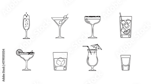 Collection of eight different cocktail glasses in a simple line art silhouette