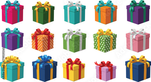 Collection of colorful wrapped gift boxes with decorative bows, perfect for holiday celebrations, festive designs, birthday graphics, and seasonal illustrations