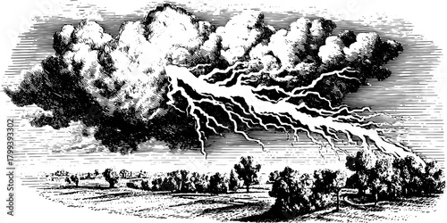 Lightning strikes across dark clouds in a vintage style illustration. A classic black line drawing set depicting a stormy landscape in vector format.