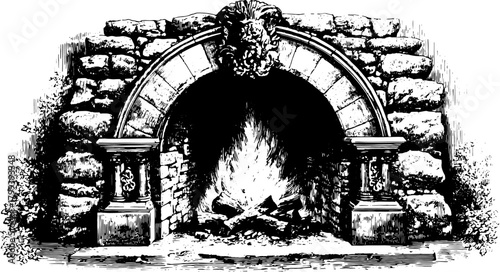 Vintage engraving of a fireplace. Detailed black outline illustration showcasing stone structure and roaring fire in a rustic decor vector set.