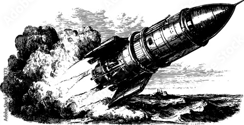 Rocket launch in vintage engraving style. Retro vector illustration features smoke and descent over the ocean, showcasing craftsmanship and detail.