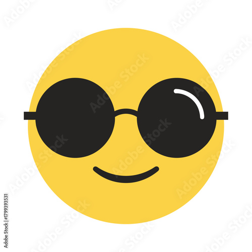 Cool yellow emoji face with black sunglasses smiling. Happy and relaxed vector emoticon icon illustration