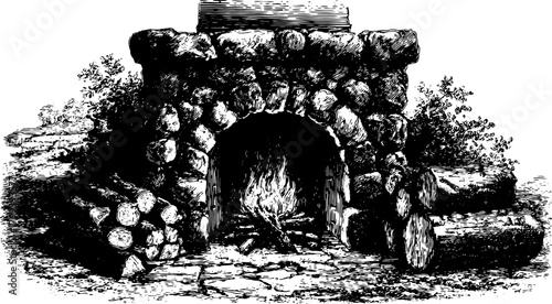 Antique engraving of a stone fireplace with logs. Vintage hand-drawn illustration depicting outdoor scenery in detailed outline vector.