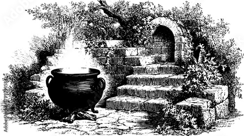 A vintage cooking pot illustration on stone stairs. The detailed engraving presents an antique scene surrounded by nature, styled in black outline vector.