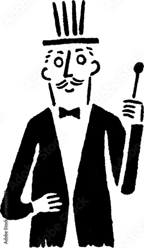 Silhouette of a character in a tuxedo with a hat. Hand-drawn vector illustration of a stylish figure in a simple and elegant pose.