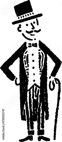 A silhouette of a man in a tuxedo holding a cane, featuring hand-drawn outline. This vintage vector illustration showcases elegance.
