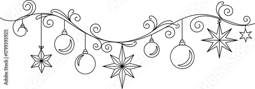 Elegant Christmas garland line art with hanging stars and baubles, festive decorative border illustration perfect for holiday designs and coloring pages