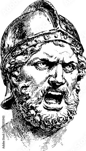 Engraved illustration of an antique warrior's face. Detailed hand-drawn vector print showcasing strong expression and historical elements.