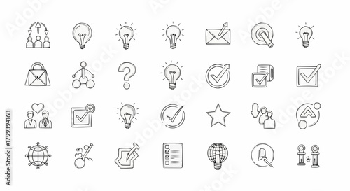 Illustration of various business concepts and ideas represented by hand drawn style icons and symbols