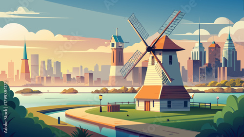 Very beautiful windmill in Bayonne, New Jersey, standing near the waterfront with a distant hazy view of downtown Manhattan’s skyline, blending clean energy elements with a tranquil urban horizon.