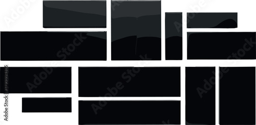 Abstract composition of sleek, glossy black rectangles arranged in a modern geometric pattern, creating a dark, reflective background or digital mosaic