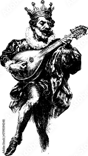 King playing a mandolin in vintage silhouette style. Detailed vector illustration showcasing historical musical performance.