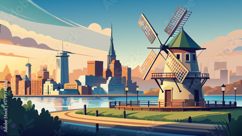Very beautiful windmill in Bayonne, New Jersey, standing near the waterfront with a distant hazy view of downtown Manhattan’s skyline, blending clean energy elements with a tranquil urban horizon.