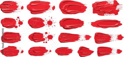 Collection of red paint strokes and splatters, showcasing abstract artistic elements and graphic design resources
