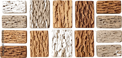 Assortment of decorative wall panels with textured bark and stone finishes. A material palette for architectural concepts isolated on a white background