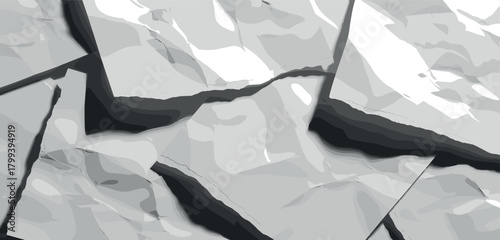 Cracked and fragmented abstract surface with dark shadows and light highlights creating a sense of depth and texture