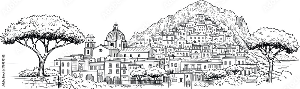 Obraz premium Illustration of Coastal Italian Village with Mountains and Trees in Black and White