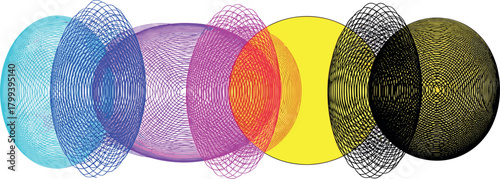 Abstract illustration with overlapping translucent ellipses. Dynamic colors blend and textured patterns intertwine, creating a captivating modern visual artwork with depth and harmony