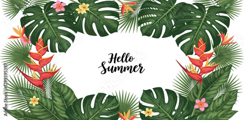 Tropical Summer Floral Frame with Exotic Flowers and Greenery