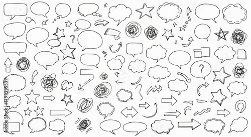 Collection of hand drawn speech bubbles arrows stars and scribbles in black and white vector illustration