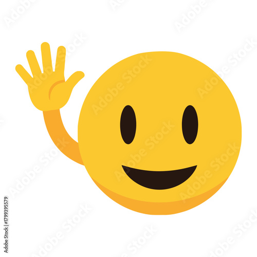 Vibrant yellow character with a wide smile happily waving, conveying a warm and welcoming gesture