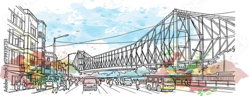 Vibrant watercolor cityscape illustration with a majestic industrial bridge spanning an urban street, capturing the dynamic energy of a bustling metropolis