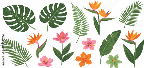 Lush botanical assortment of diverse tropical foliage and colorful blossoms, evoking a sense of paradise and natural beauty for vibrant design projects