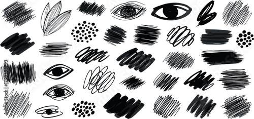 Hand-drawn elements and illustrations versatile collection of scribbles, eyes, and floral details