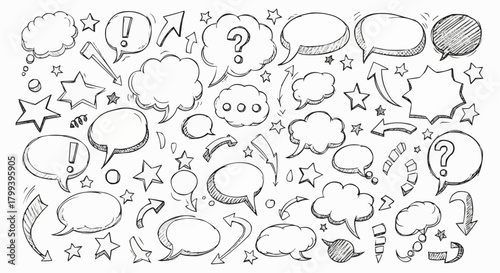 Hand drawn speech bubbles and arrows with question marks and exclamation points in a doodle style design