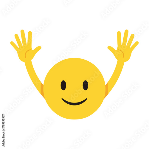 A cheerful yellow smiley face emoji with its hands raised up in celebration or a happy greeting