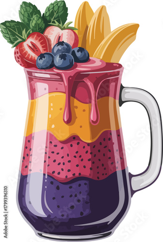 Colorful layered berry chia pudding vector graphic served in a glass mug with fresh fruit toppings