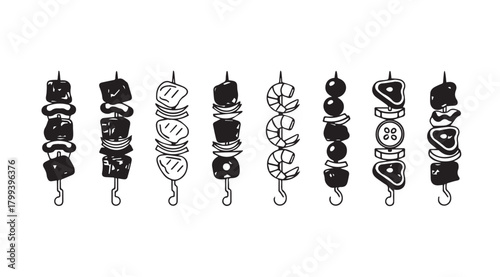 Assortment of grilled meat and vegetable skewers in a hand drawn silhouette style