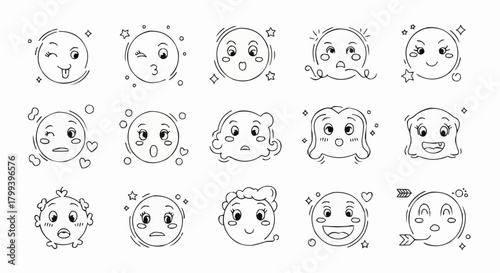 Illustration of fifteen cartoon emoji faces with different expressions and decorations in black and white