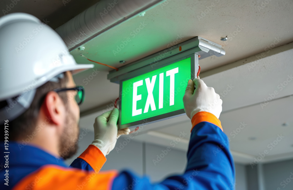 Fototapeta premium Construction worker installs green illuminated exit sign on building ceiling. Man wears hard hat and gloves, secures safety lighting fixture with wires.