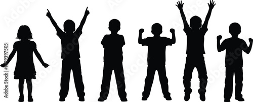 Silhouettes of children standing and posing together, playful kids expressing joy, confidence, energy, teamwork, childhood fun, creativity, outdoor activity