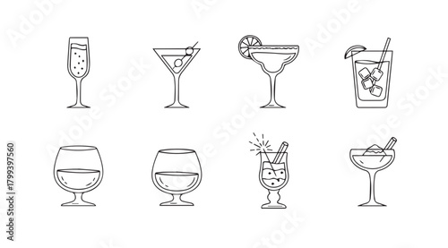 Collection of hand drawn cocktail glasses in a distinctive silhouette style