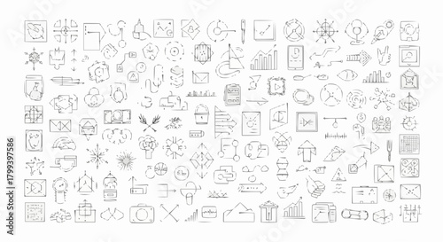 Collection of hand drawn line art icons featuring business elements, arrows, and various other symbols