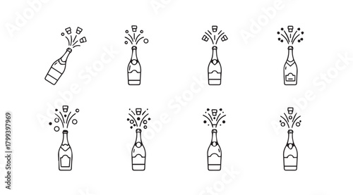 Eight champagne bottle silhouettes celebrating with bubbles and sparkles