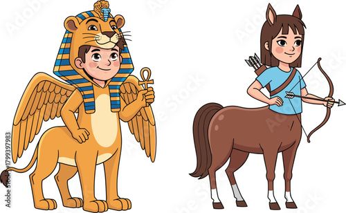 Cartoon children dressed as mythical creatures including sphinx and centaur, fantasy character illustration, creative mythology costume design for educational and storytelling artwork