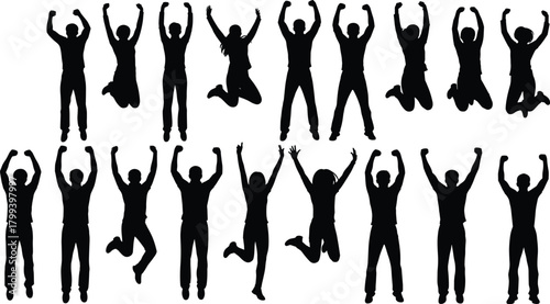 Energetic group of people jumping in celebration, joyful crowd silhouettes expressing success, happiness, unity, teamwork, motivation, and active lifestyle together